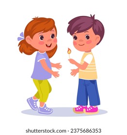 Cute boy and girl holding matches with fire. Children playing with matchstick. Burning flame. Combustion safety. Naughty kids. Dangerous pyromania game. Bonfire danger