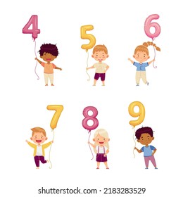 Cute Boy and Girl Holding Number Shaped Balloon by the String Vector Set
