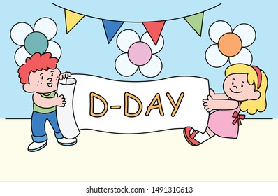 Cute boy and girl are holding placard and celebrating. hand drawn style vector design illustrations. 