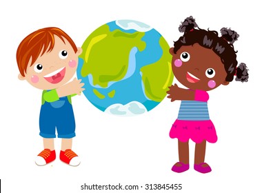 cute boy and girl holding planet Earth