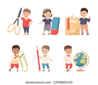 Cute Boy and Girl with Huge School Stationery Objects Vector Set