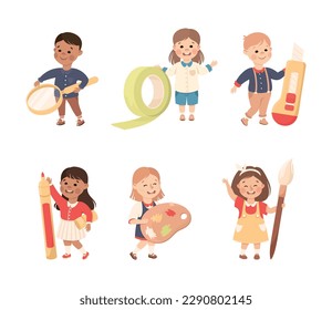 Cute Boy and Girl with Huge School Stationery Objects Vector Set