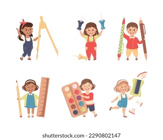 Cute Boy and Girl with Huge School Stationery Objects Vector Set