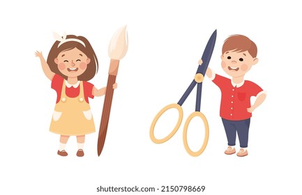 Cute Boy and Girl with Huge Scissors and Paint Brush as School Stationery Vector Illustration Set