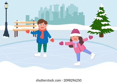 Cute boy and girl ice skating in winter park. Wintertime, outdoors activities. Children enjoy sports. Vector illustration in flat style.