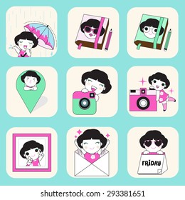 Cute boy and girl icon illustration set