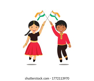 Cute Boy and girl Indian citizen smiling and holding India flag. Two kids jumping and smiling.Happy cartoon vector illustration isolated on white background.