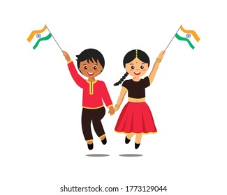 Cute Boy and girl Indian citizen smiling and holding India flag. Two kids jumping and smiling.Happy cartoon vector illustration isolated on white background.