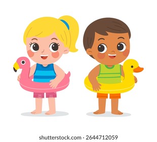 Cute boy and girl with inflatable swim rings, smiling and ready for summer beach fun. Children's holidays, summer activities.