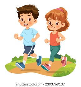 Cute boy and girl jogging together in an urban park. Vector illustration isolated on a white background