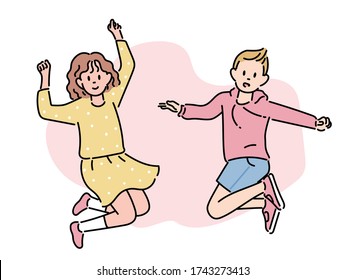 Cute boy and girl are jumping. hand drawn style vector design illustrations. 