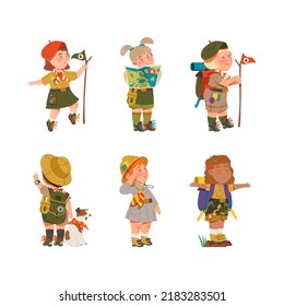 Cute Boy and Girl as Junior Scout Camping at Nature Vector Set