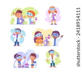 Cute Boy and Girl at Laboratory with Flask and Microscope in Goggles Conduct Experiment Vector Illustration Set