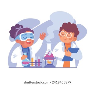 Cute Boy and Girl at Laboratory with Flask Conduct Experiment Vector Illustration