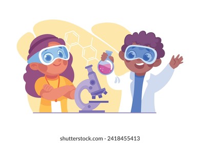 Cute Boy and Girl at Laboratory with Flask and Microscope Conduct Experiment Vector Illustration