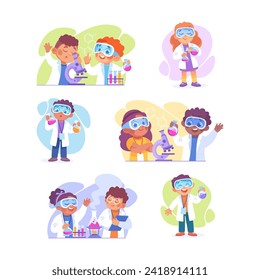 Cute Boy and Girl at Laboratory with Flask and Microscope in Goggles Conduct Experiment Vector Illustration Set