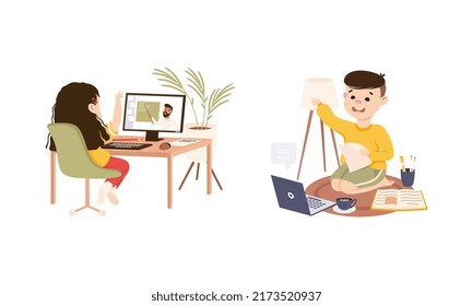Cute boy and girl learning online using laptop computers. Schoolkids at distance learning and homeschooling cartoon vector illustration