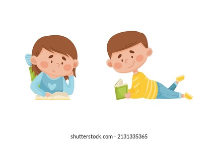 Cute boy and girl lying on floor and reading books set. Elementary school students with books. Kids education cartoon vector illustration