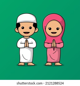 Cute boy and girl moslem celebrating eid mubarak vector illustration