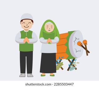 cute boy and girl moslem celebrating eid mubarak with bedug drum percussion cartoon vector illustration