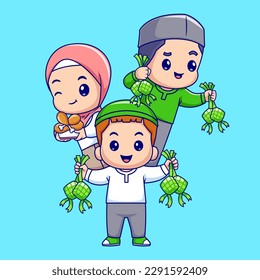 Cute Boy And Girl Moslem Holding Ketupat Cartoon Vector Icon Illustration. People Food Icon Concept Isolated Premium Vector. Flat Cartoon Style