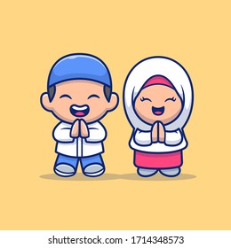 Cute Boy And Girl Moslem Vector Icon Illustration. Ramadan Mascot Cartoon Character. Person Icon Concept White Isolated. Flat Cartoon Style Suitable for Web Landing Page, Banner, Flyer, Sticker