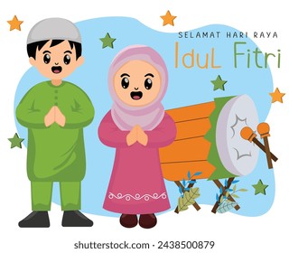 cute boy and girl muslim celebrating happy eid al fitr mubarak with percussion