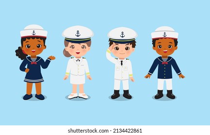 Cute boy and girl in navy sailor uniform. Flat vector cartoon design