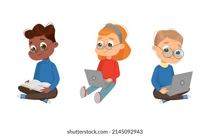 Cute Boy and Girl Nerd in Glasses Reading Book and Sitting with Laptop Vector Set
