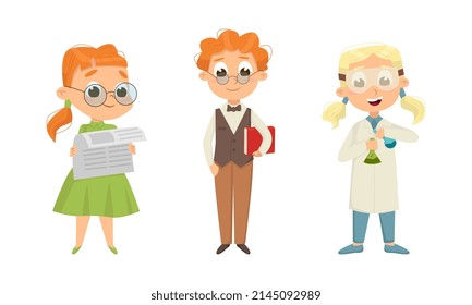 Cute Boy and Girl Nerd in Glasses Reading Newspaper and Making Experiment with Flask and Chemical Vector Set