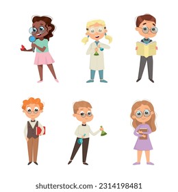 Cute Boy and Girl Nerd in Glasses as Little Genius Vector Set