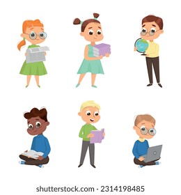 Cute Boy and Girl Nerd in Glasses as Little Genius Vector Set