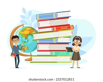 Cute Boy and Girl Nerd in Glasses Standing Near Pile of Books and Globe Vector Illustration