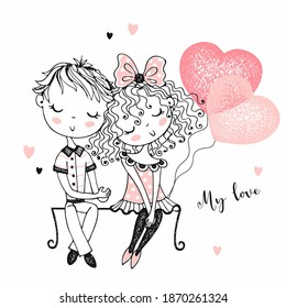 Cute boy and girl on first rendezvous. Love. Be my Valentine. Vector