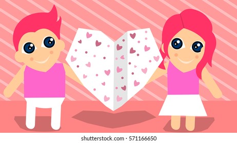 cute boy and girl in paper cut style holding heart for valentine in pink background with stripes 