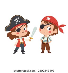 Cute Boy and Girl Pirate Characters Set, Cartoon Vector Illustration on white background. Cartoon illustration in children's style.