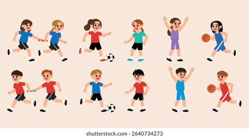 cute boy and girl play relay race, soccer, football, futsal, basketball, sport day cartoon, game day, happy kid character doing sport competition illustration