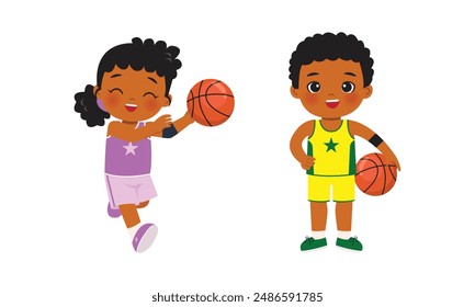 Cute boy and girl playing basketball