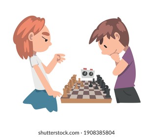 Cute Boy and Girl Playing Chess Game Together, Kids Chess Club, Tournament, Leisure Activity, Logic Game for Brain Development Concept Cartoon Style Vector Illustration