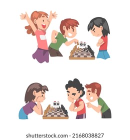 Cute boy and girl playing chess together set. Kids playing board game, competing in tournament cartoon vector illustration