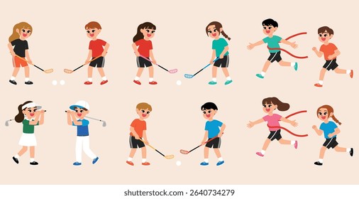 cute boy and girl playing floor ball, golf, run finish line, racing, sport day cartoon, game day, happy children character doing sport competition illustration