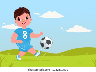Cute boy girl playing  football with a soccer ball. Player's team modern uniform. Healthy activities. Vector cartoon illustration