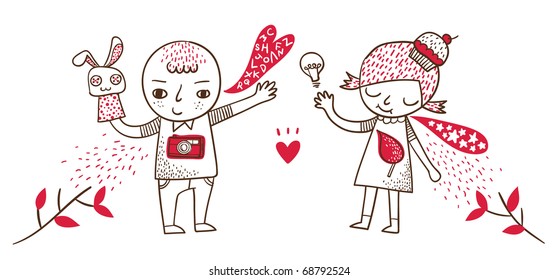 Muchacha y jovencita con títere y bombilla. Ilustración vectorial.