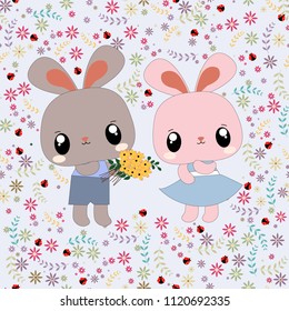 Cute boy and girl rabbit bunny on flower seamless pattern,illustration vector by freehand doodle comic art