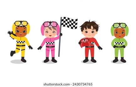 Lindo niño y niña racer vector de dibujos animados