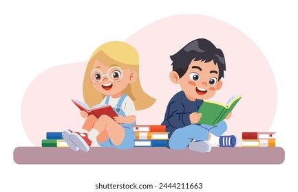 Lindo chico y chica leen libros juntos