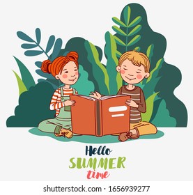 Cute Boy And Girl Reading Book In The Garden. Nature Landscape Background. Summer Holidays Illustration. Vacation Time