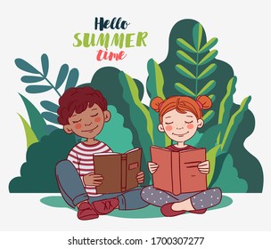 Cute Boy And Girl Reading Book In The Garden. Nature Landscape Background. Summer Holidays Illustration. Vacation Time