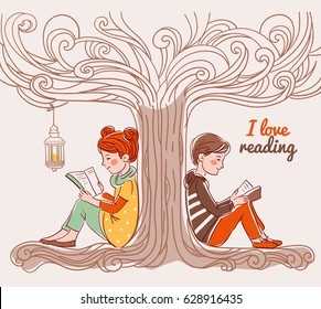 Cute boy and girl reading books under the tree