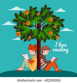 Cute boy and girl reading books under the orange tree